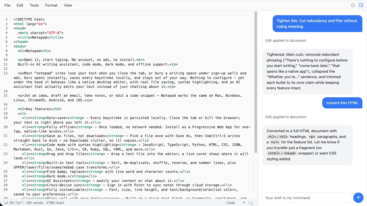 Notepad editing an HTML document with syntax highlighting and the AI assistant open